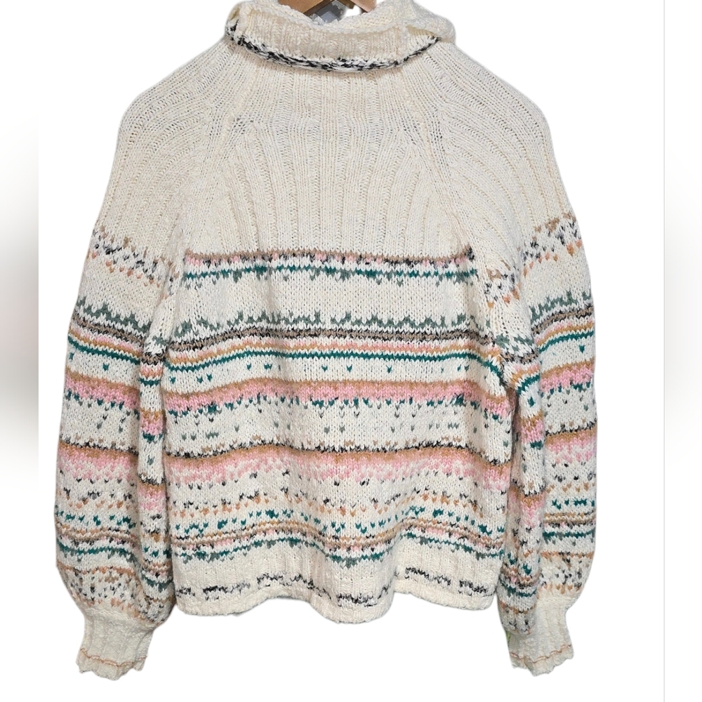 Pilcro Cream Cowl-Neck Sweater with Teal and Peach Stripes - Picture 2 of 9